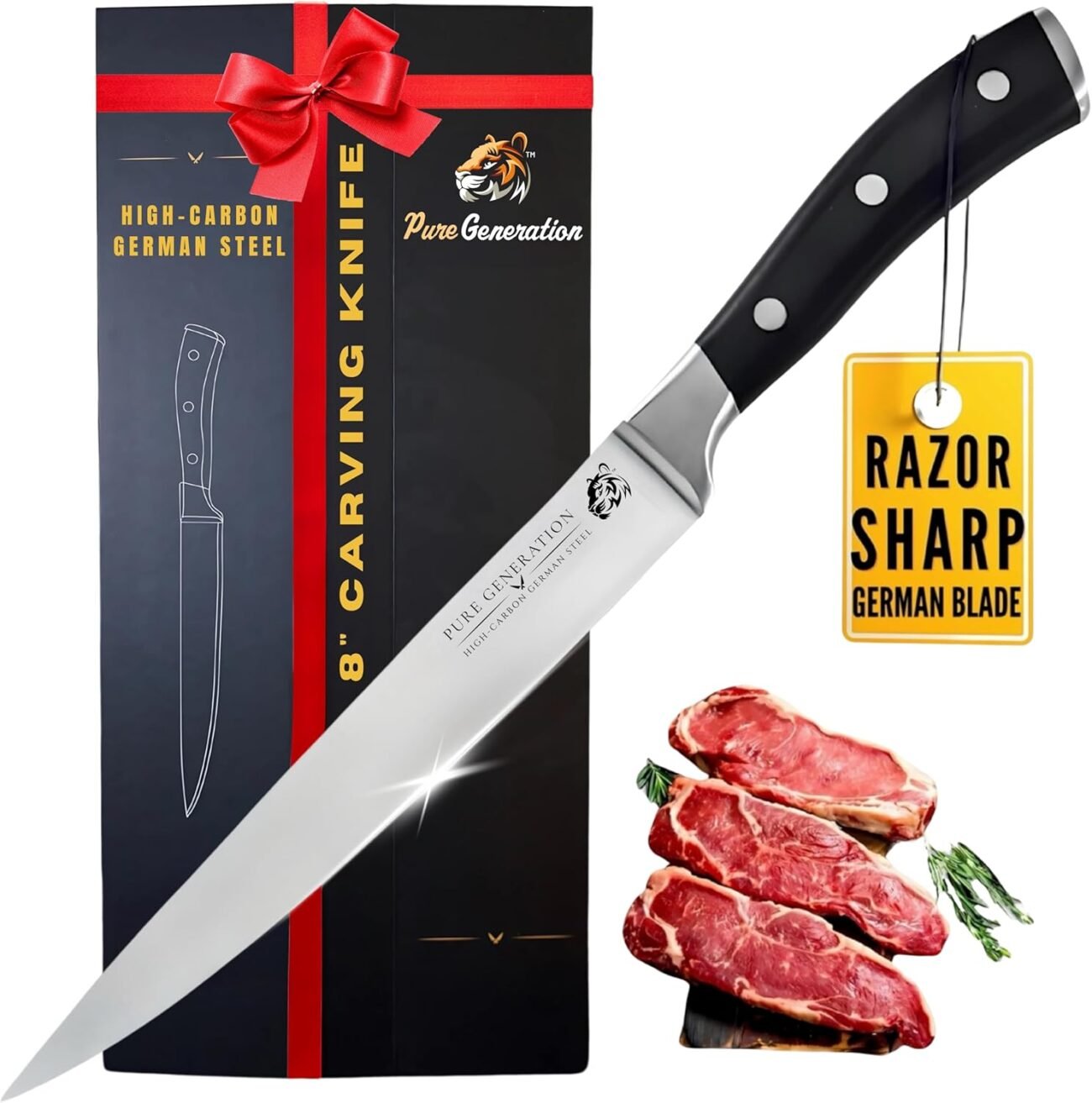 8" Carving Knife for Meat – Butcher Knife, Razor Sharp German Steel Slicing Knife with Ergonomic Handle for...